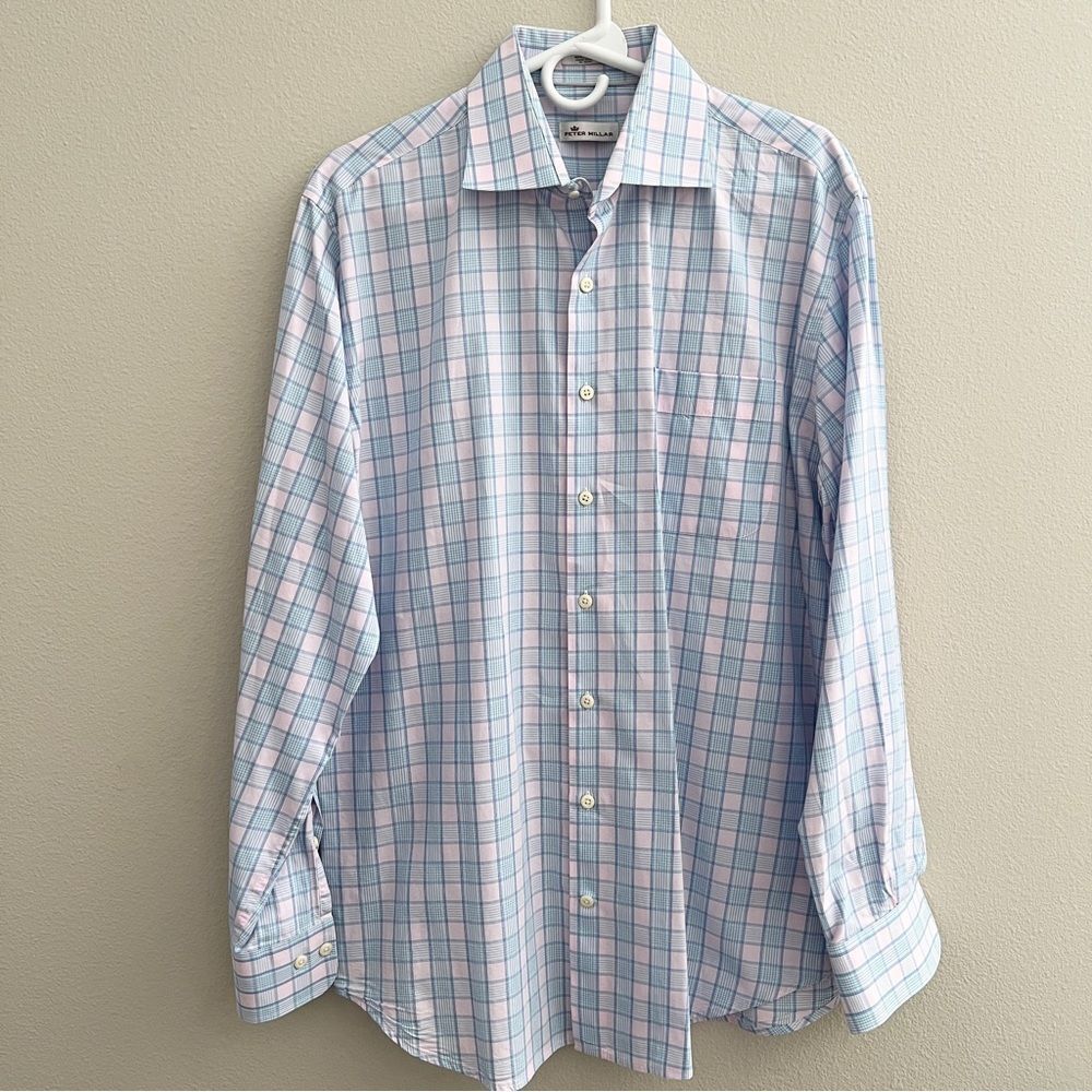 Peter Millar Men's Long Sleeve Button Down Shirt Size Large Pink Blue Cotton